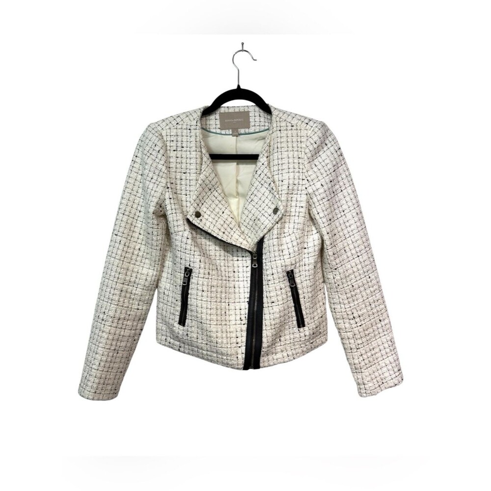 Banana Republic Tweed‎ Moto Jacket Size 4 Cream Black Zip
